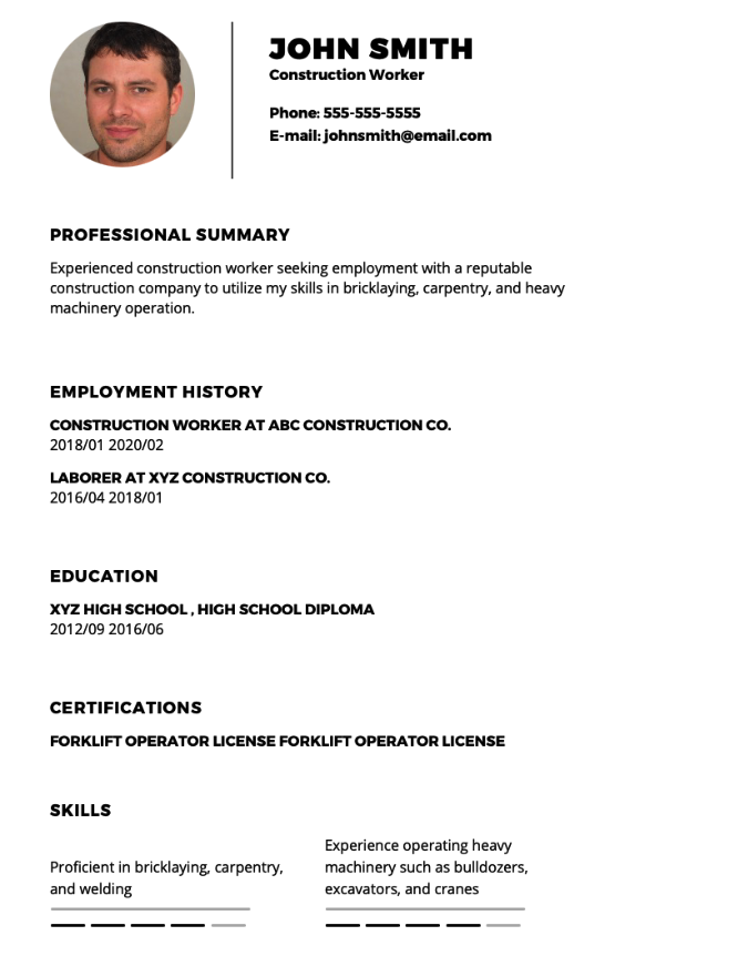 Construction Worker Resume Example